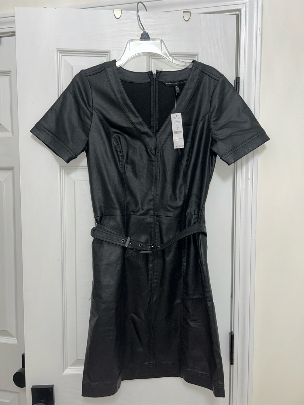 White House Black Market Black Faux Leather Short-Sleeve Belted Mini Dress